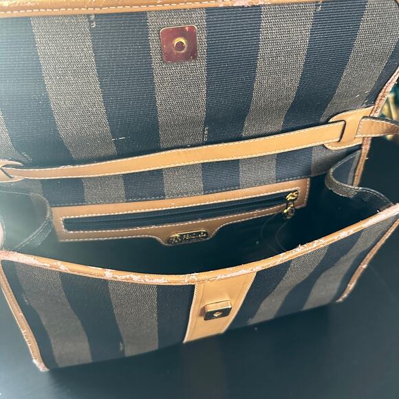 FENDI VTG 80s Pequin Stripe Cognac Saddle Flap Shoulder Bag Convertible Clutch - Picture 10 of 16